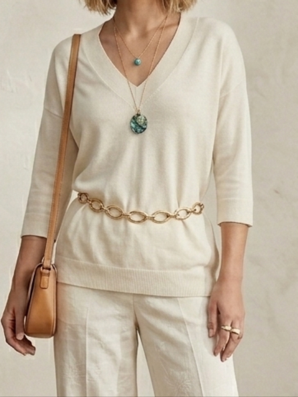 Massimo Dutti XS 3/4 Sleeve V-Neck Knit Top Preppy Elegant Cotton Blend